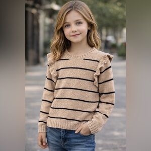 Jessica Simpson Girls 6X Tan & Black Striped Ruffle Sweater